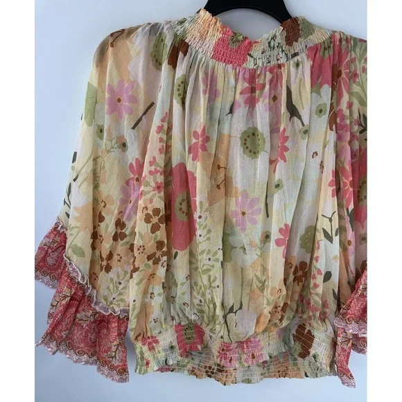 Aratta Silent Journey Daisy Floral Ruffled Cotton Blouse Off The Shoulder Large - Picture 9 of 14